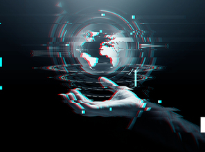 business, technology, cyberspace and people concept - close up of businessman hand with virtual earth projection over dark background