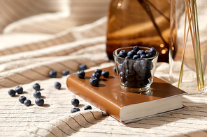 still life, hygge and drinks concept - glass of blueberry on book, decorative dried flowers in vase and bottle with drapery