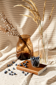 still life, hygge and drinks concept - glass of blueberry on book, decorative dried flowers in vase and bottle with drapery