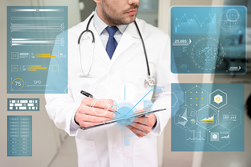people, healthcare and medicine concept - close up of male doctor with clipboard and stethoscope at hospital