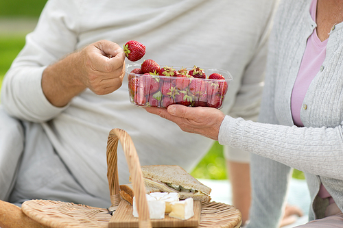 old age, leisure and people concept - close up of senior couple with picnic basket eating strawberries at summer park