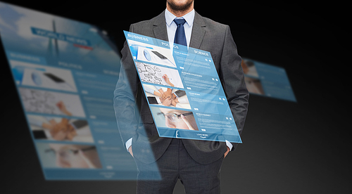 business, multimedia and people concept - close up of businessman in suit with world news on virtual screen projection