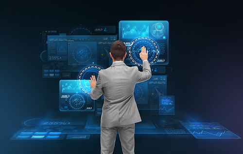 business, people, technology, cyberspace and future concept - businessman working with virtual screens