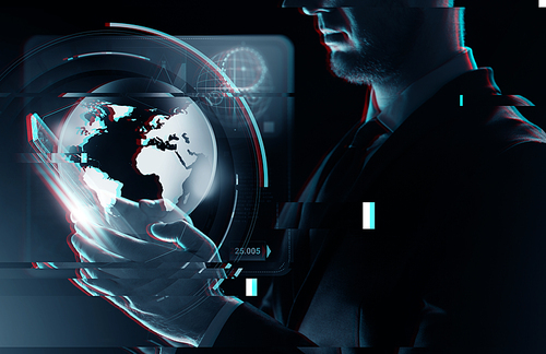 business, people and future technology concept - close up of businessman with transparent tablet pc computer and earth projection over virtual glitch effect