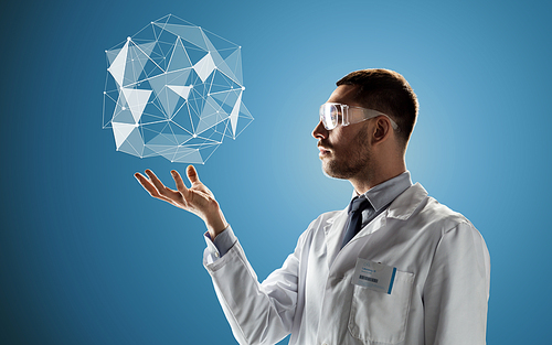 science, technology, virtual reality and people concept - male scientist in white coat and safety glasses with low poly shape projection over blue background
