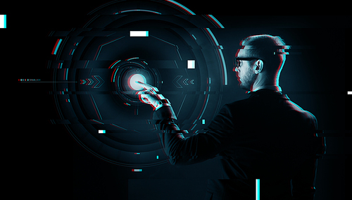 business, future technology, cyberspace and people - businessman in suit and glasses pointing finger to virtual projection over virtual glitch effect