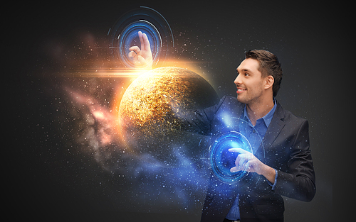 business, future technology and augmented reality concept - businessman with virtual planet and space hologram