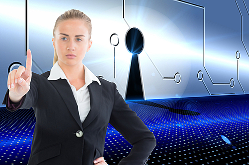 Composite image of businesswoman pointing somewhere