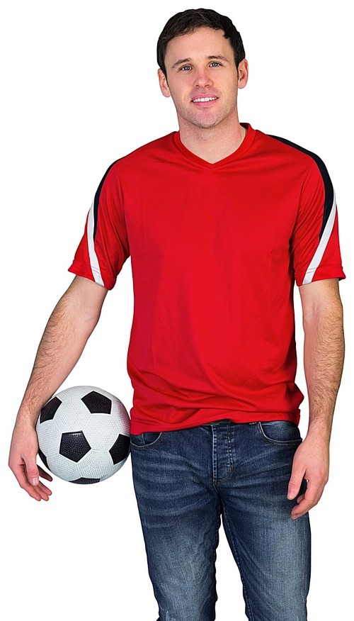 Football fan in red holding ball