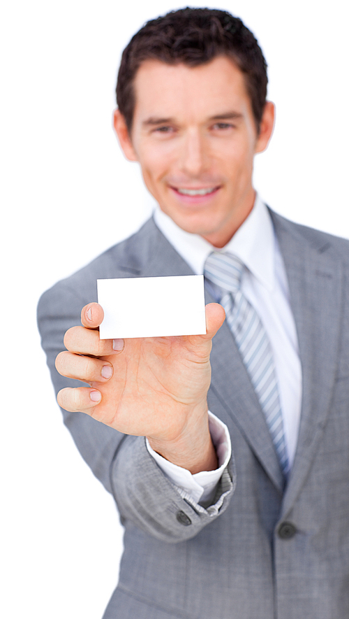 Charismatic businessman showing a white card 