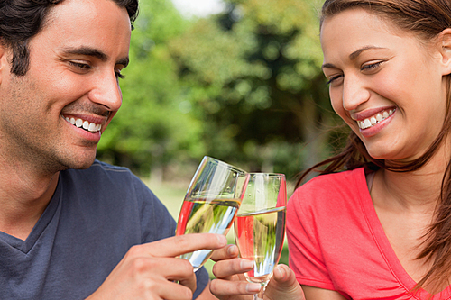 Two friends smiling as they touch glasses of champagne together in celebration 