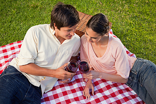 Two friends looking downwards while holding glasses of wine during a picnic