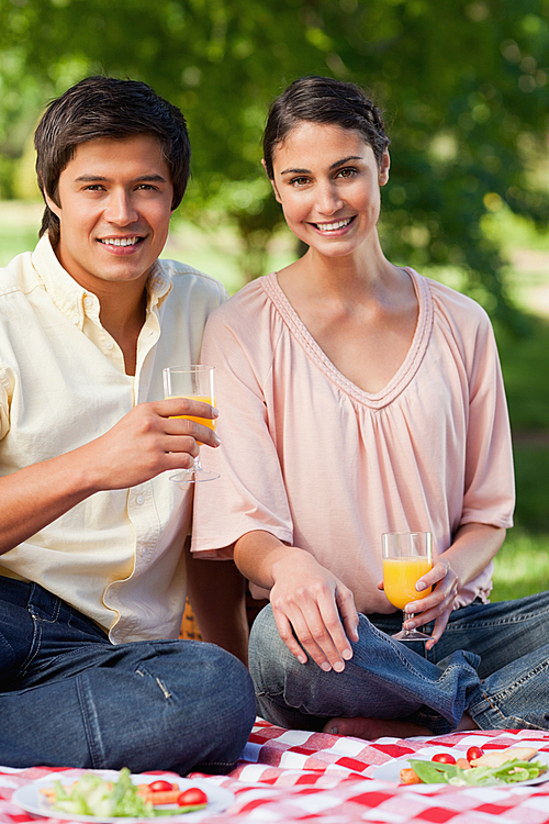 Woman and her friend smiling while holding glasses of juice during a picnic