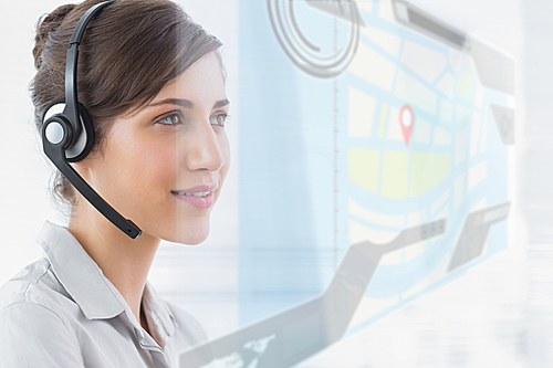 Pleased call center employee using futuristic street map interface 