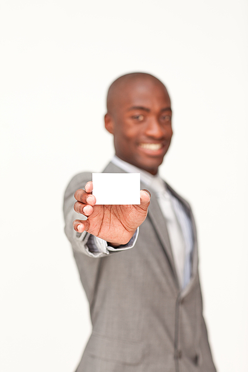 Businessman holding a white business card