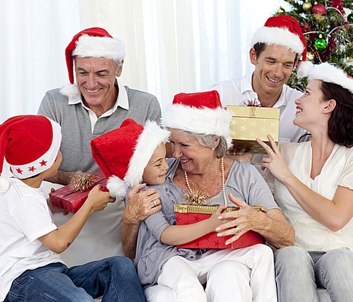 Laughing family at Christmas time 
