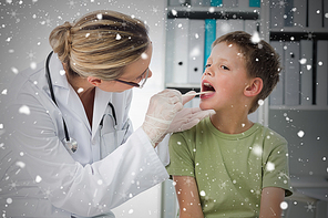 Composite image of doctor checking mouth of boy