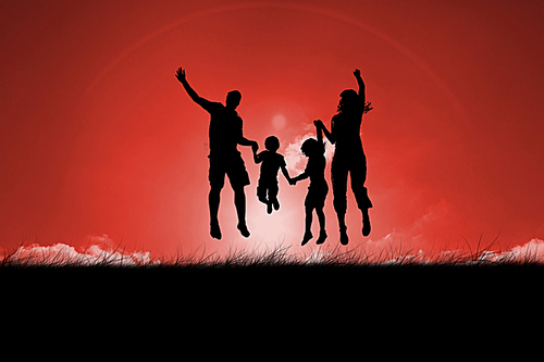 Composite image of silhouette of family jumping