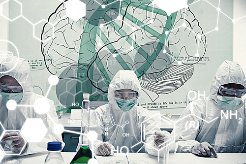 Composite image of chemists working with futuristic interface showing scientific diagrams