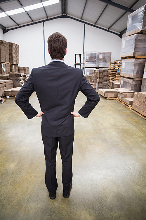 Warehouse manager standing hands on hips in warehouse