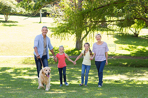 Happy family walking in the park with their dog on a sunny day