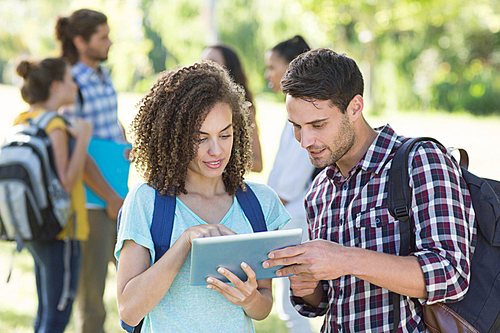 Smiling students using tablet pc on a sunny day