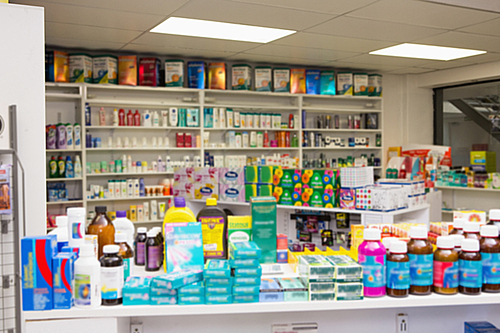 Close up of shelves of drugs in the pharmacy