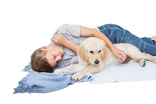 Little boy sleeping with cute dog on blanket over white background
