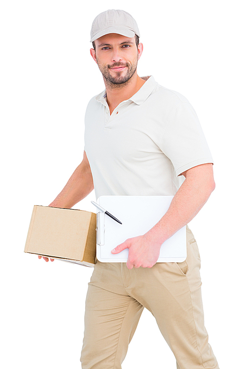 Delivery man with cardboard box and clipboard on white background