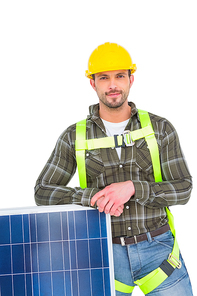 Happy handyman with solar panel on white background