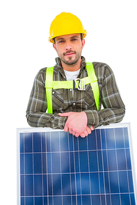 Manual worker with solar panel on white background