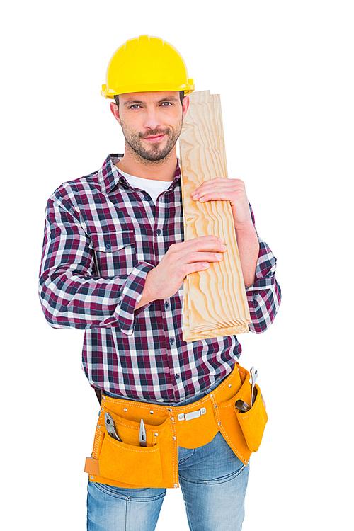 Handyman holding wood planks on white background