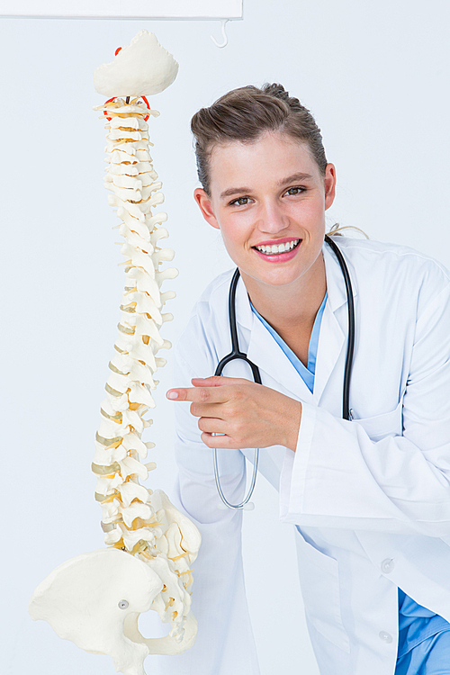 Smiling doctor pointing an anatomical spine on white background