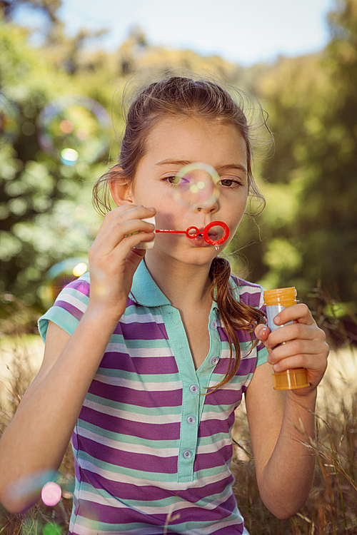 Cute little girl blowing bubbles on a sunny day