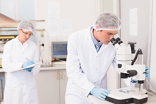 Scientist working attentively with microscope