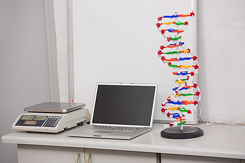 Weighing scale with computer and dna helix on the desk