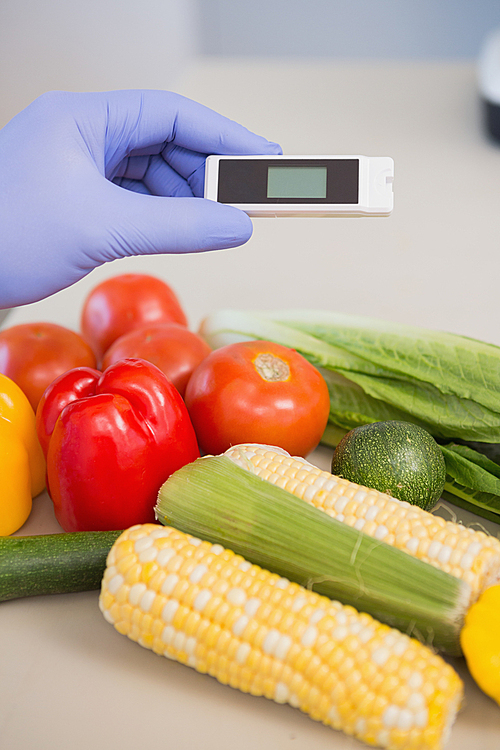 Scientist using device on vegetables