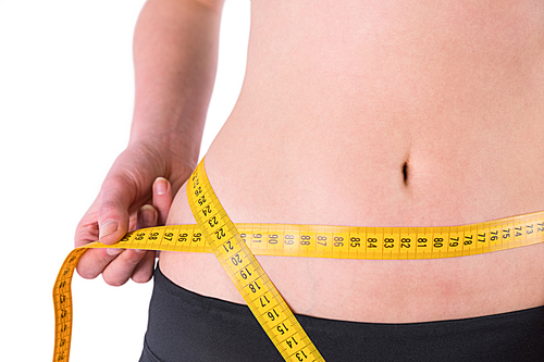 slim woman measuring waist with tape measure on white background