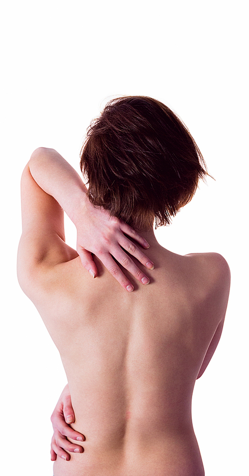 Nude woman with a neck injury on white background