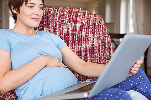 Pregnant woman using her laptop at home in the living room