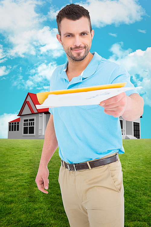Composite image of postman with letter
