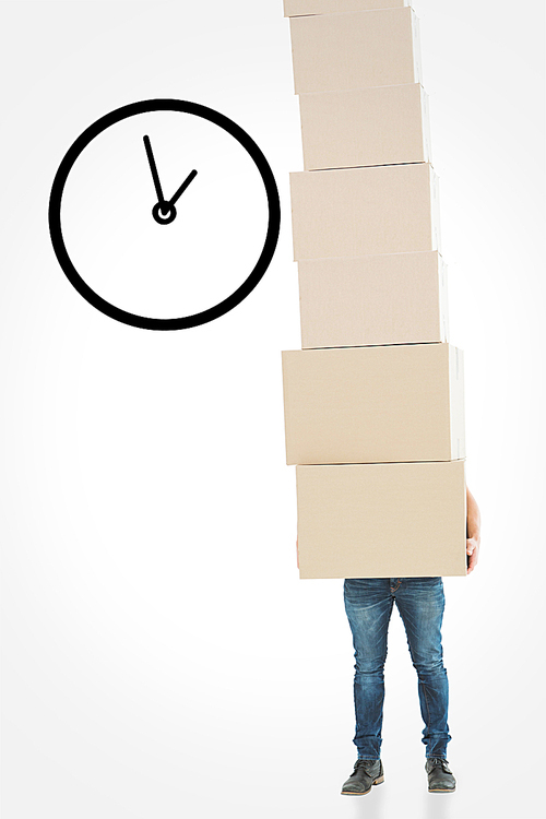 Composite image of courier man carrying cardboard boxes