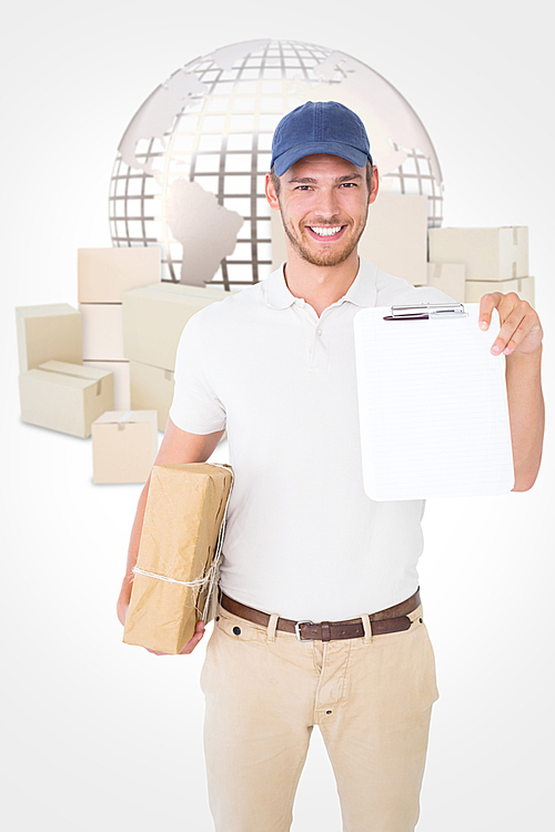 Composite image of happy delivery man holding cardboard box and clipboard