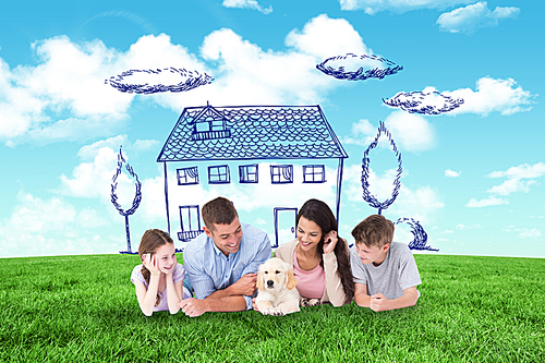 Composite image of family looking at puppy while lying