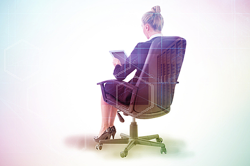 Composite image of businesswoman sitting on swivel chair with tablet