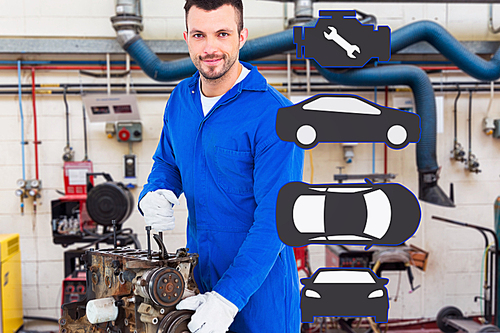 Composite image of smiling male mechanic repairing car engine