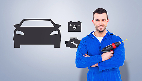 Composite image of confident handyman holding power drill
