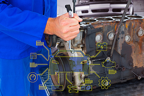 Composite image of male mechanic repairing car engine