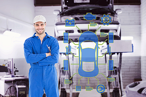 Composite image of male mechanic standing arms crossed on white background