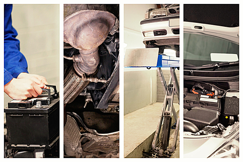 Composite image of mechanic changing car battery